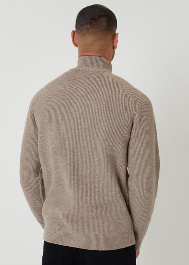 Threadbare Taupe Cotton Blend Rib Panel Quarter Zip Knitted Jumper