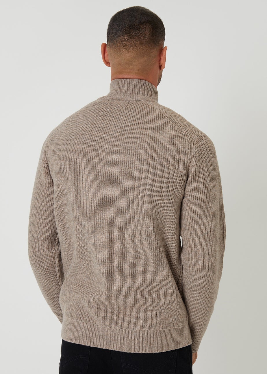 Threadbare Taupe Cotton Blend Rib Panel Quarter Zip Knitted Jumper