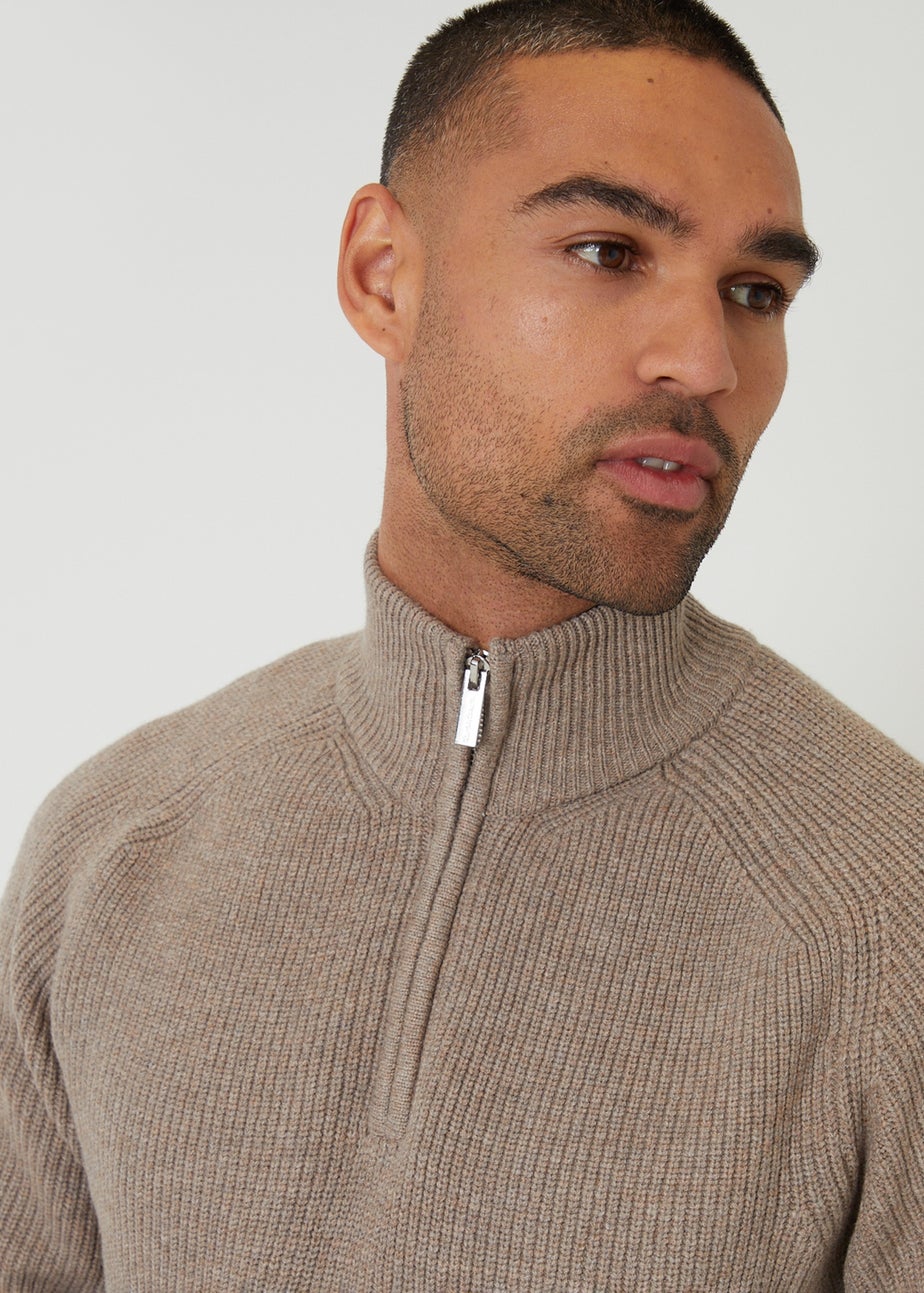 Threadbare Taupe Cotton Blend Rib Panel Quarter Zip Knitted Jumper