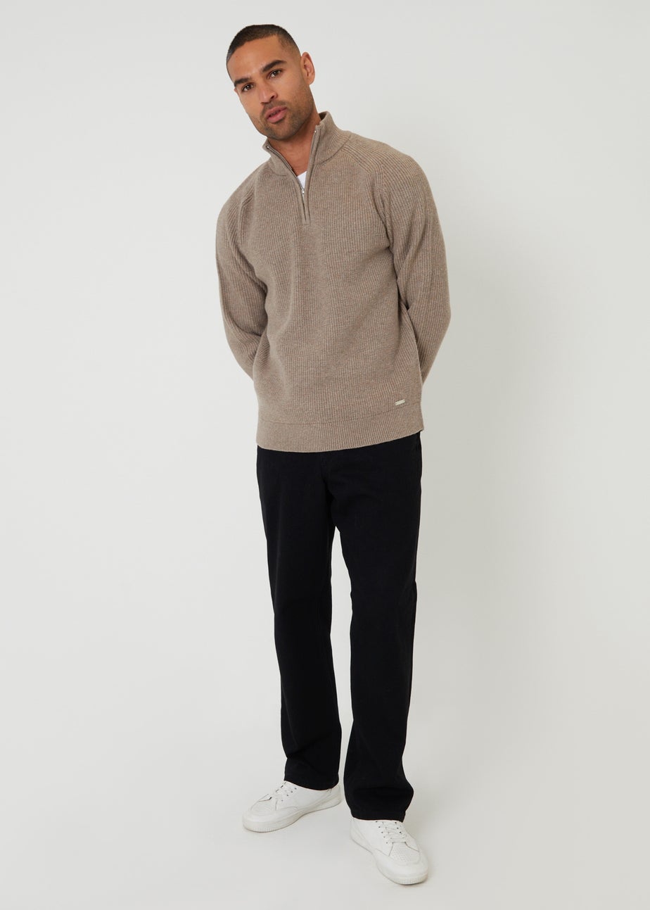 Threadbare Taupe Cotton Blend Rib Panel Quarter Zip Knitted Jumper