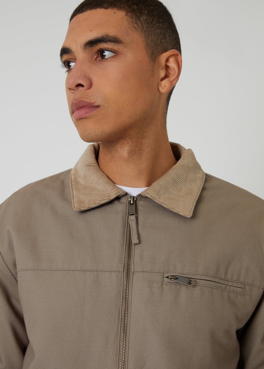 Threadbare Beige Cotton Canvas Jacket With Corduroy Collar