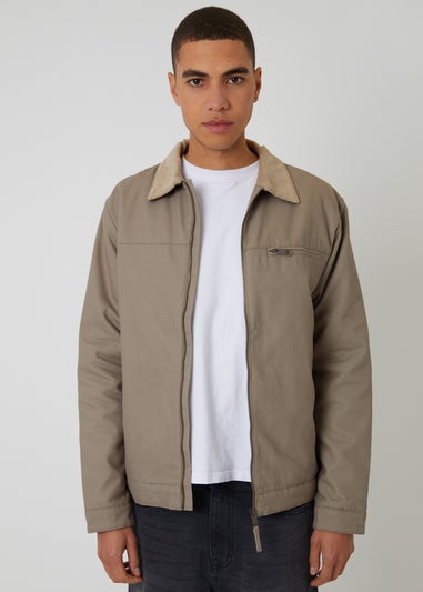 Threadbare Beige Cotton Canvas Jacket With Corduroy Collar