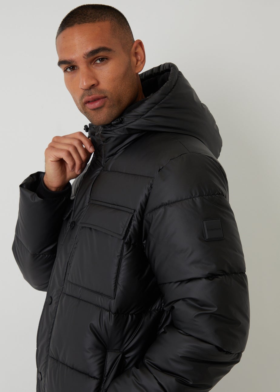 Threadbare Black Showerproof PU Longline Puffer Coat
