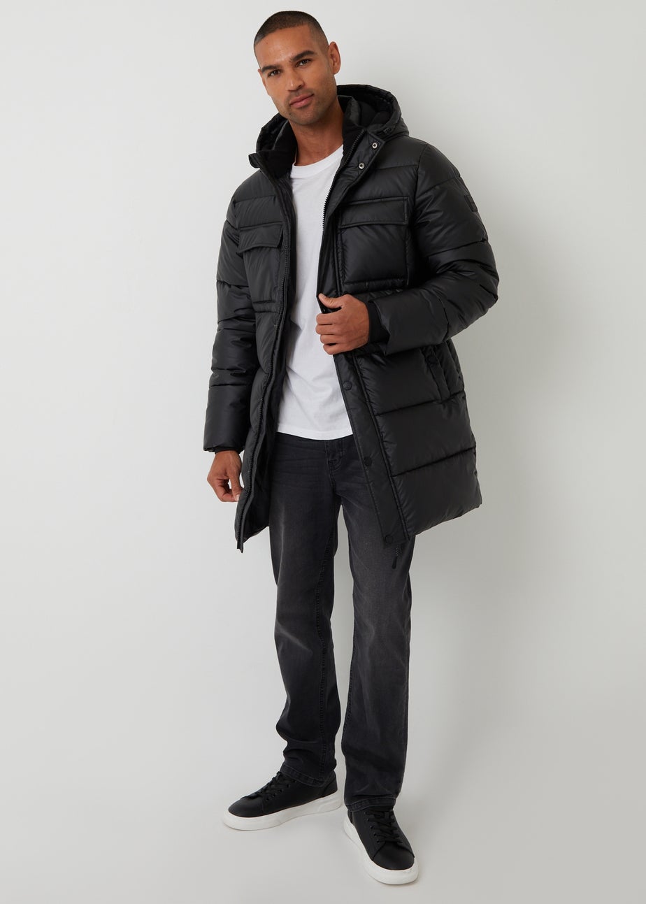 Threadbare Black Showerproof PU Longline Puffer Coat