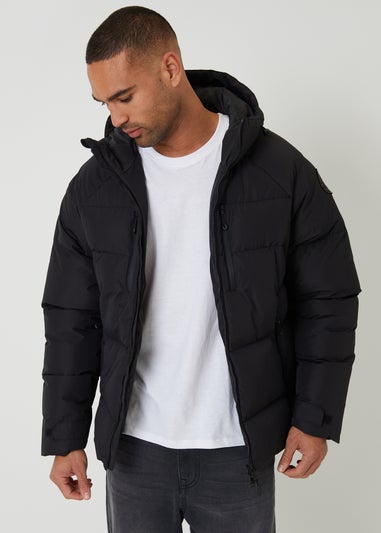 Threadbare Black Showerproof Ripstop Hooded Padded Coat