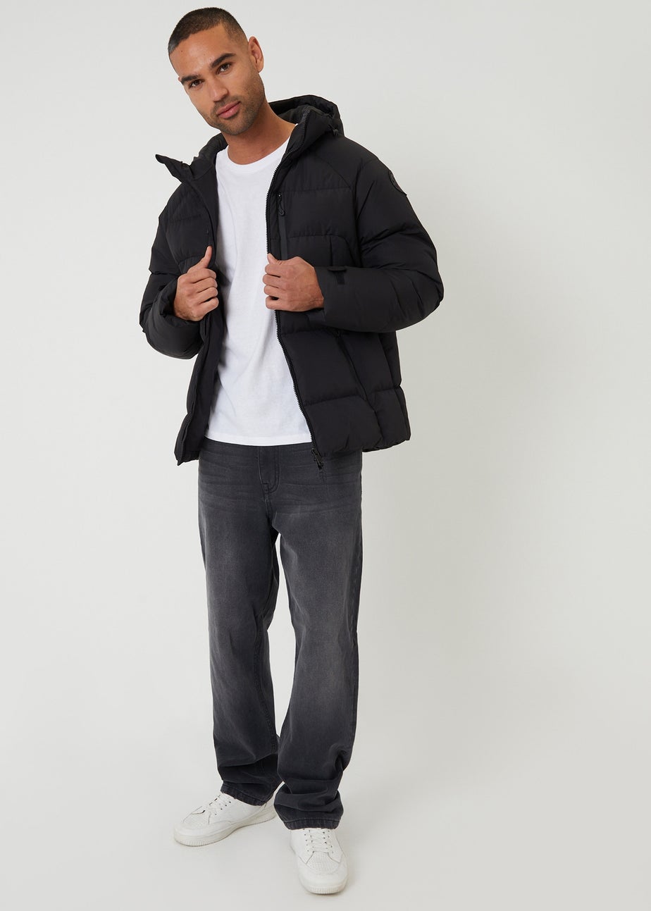 Threadbare Black Showerproof Ripstop Hooded Padded Coat