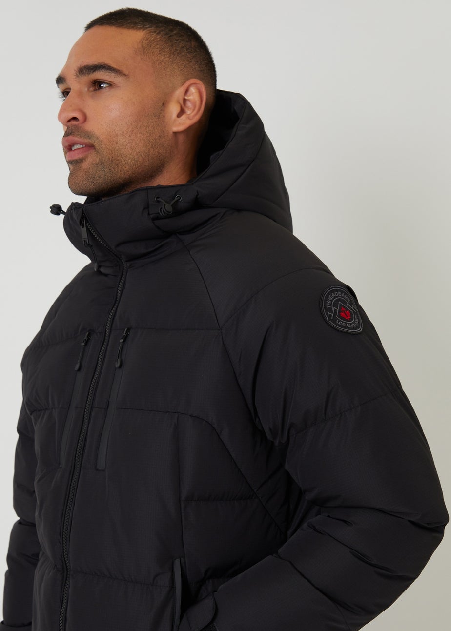 Threadbare Black Showerproof Ripstop Hooded Padded Coat