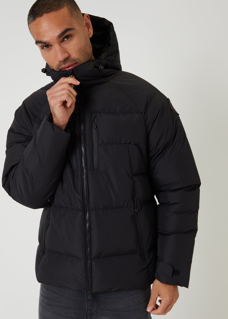 Threadbare Black Showerproof Ripstop Hooded Padded Coat