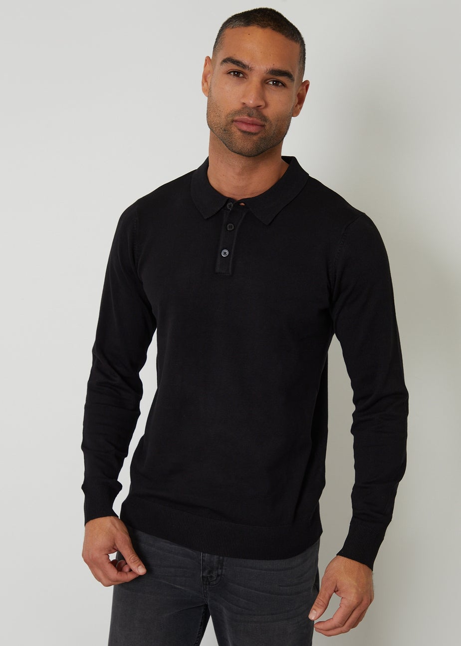Threadbare Black Knitted Long Sleeve Polo Jumper