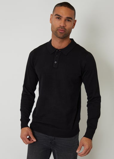 Threadbare Black Knitted Long Sleeve Polo Jumper