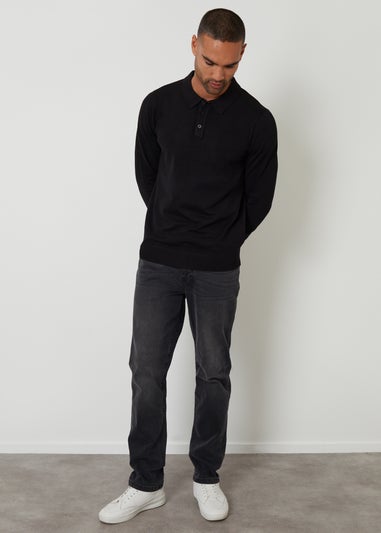 Threadbare Black Knitted Long Sleeve Polo Jumper