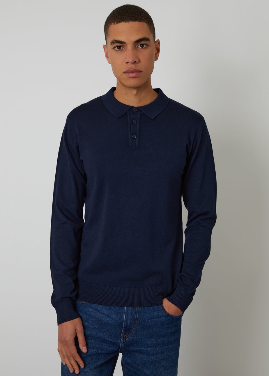 Threadbare Navy Knitted Long Sleeve Polo Jumper