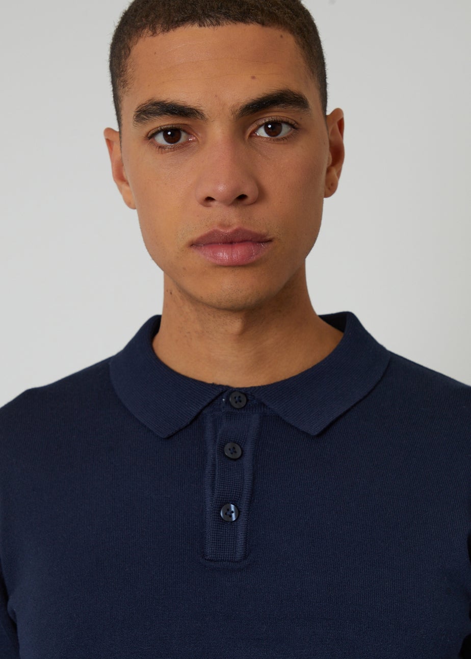 Threadbare Navy Knitted Long Sleeve Polo Jumper