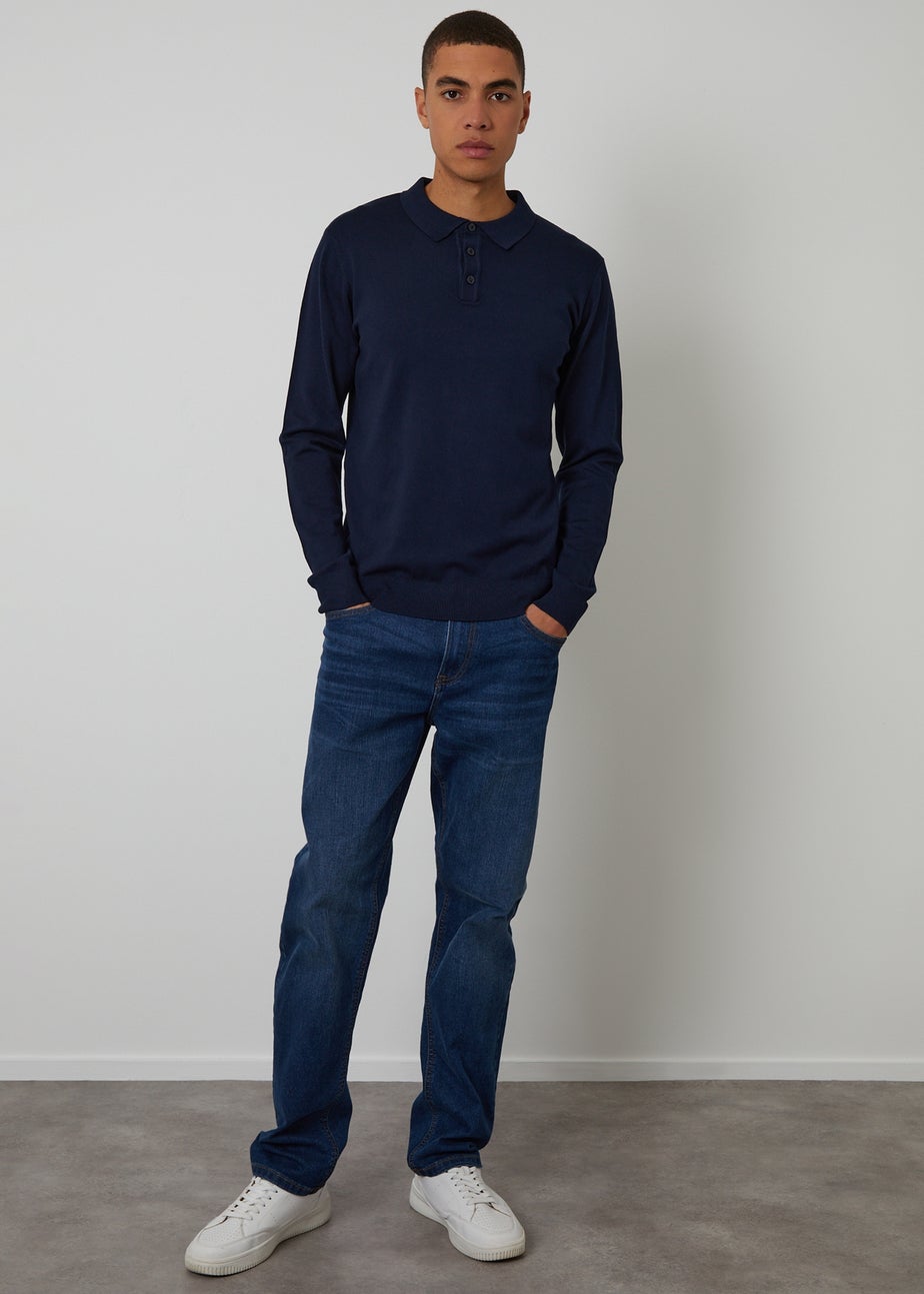 Threadbare Navy Knitted Long Sleeve Polo Jumper