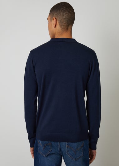 Threadbare Navy Knitted Long Sleeve Polo Jumper