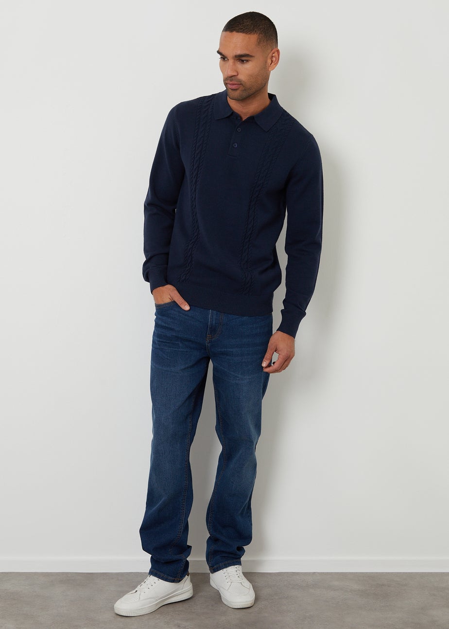 Threadbare Navy Cable Knit Long Sleeve Polo Jumper