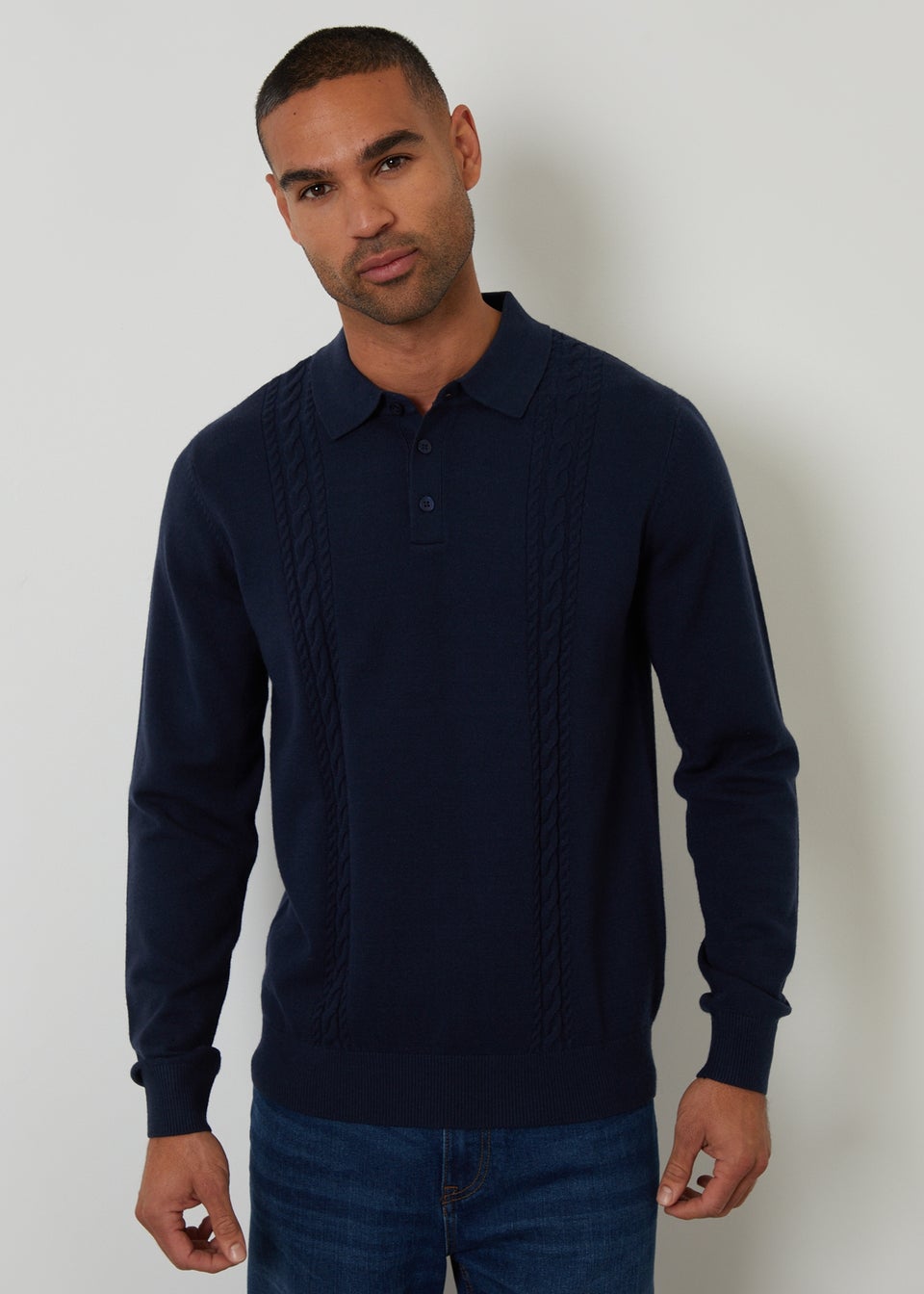 Threadbare Navy Cable Knit Long Sleeve Polo Jumper