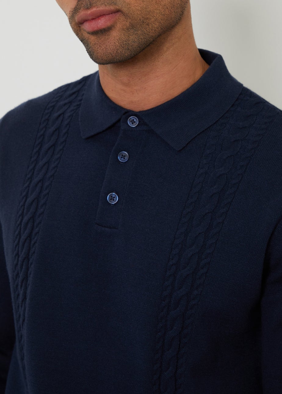 Threadbare Navy Cable Knit Long Sleeve Polo Jumper