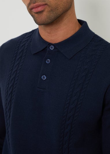 Threadbare Navy Cable Knit Long Sleeve Polo Jumper
