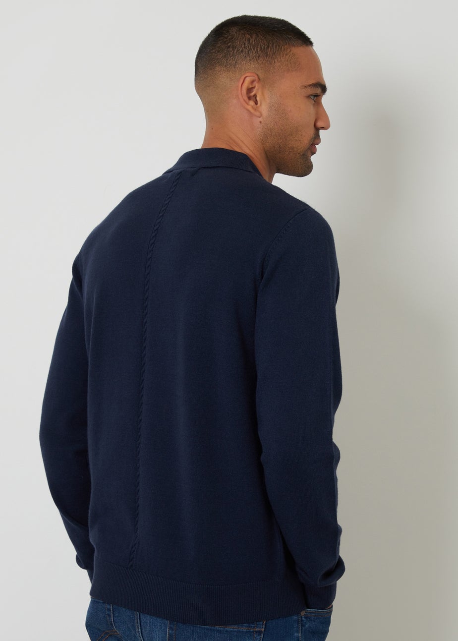 Threadbare Navy Cable Knit Long Sleeve Polo Jumper