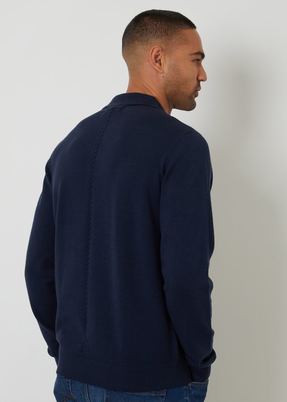 Threadbare Navy Cable Knit Long Sleeve Polo Jumper