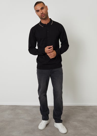 Threadbare Black Knitted Long Sleeve Polo Jumper
