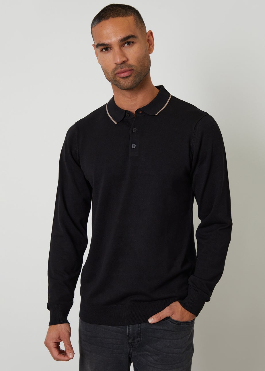 Threadbare Black Knitted Long Sleeve Polo Jumper