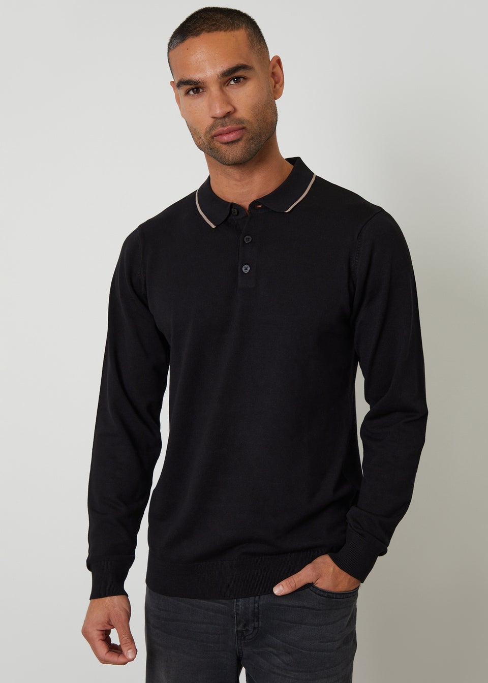 Threadbare Black Knitted Long Sleeve Polo Jumper