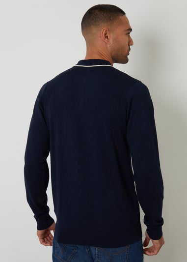Threadbare Navy Knitted Long Sleeve Polo Jumper