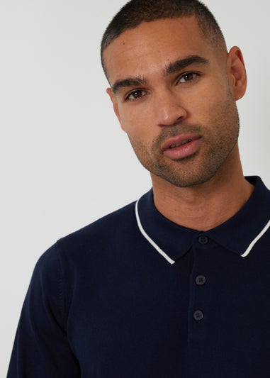 Threadbare Navy Knitted Long Sleeve Polo Jumper