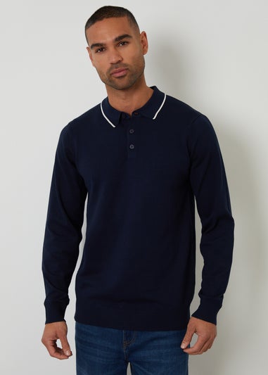 Threadbare Navy Knitted Long Sleeve Polo Jumper