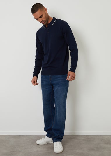 Threadbare Navy Knitted Long Sleeve Polo Jumper