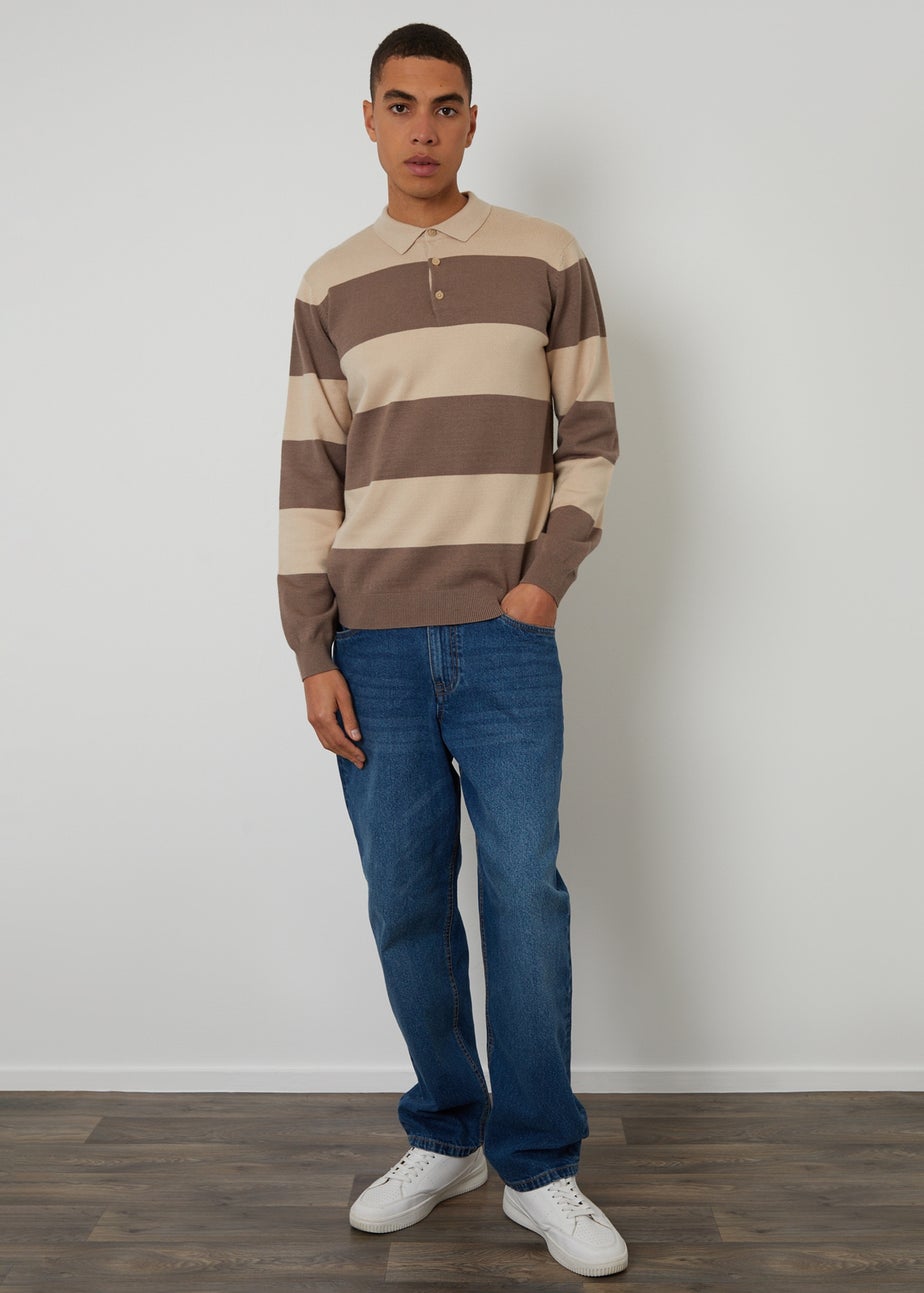 Threadbare Stone Striped Knitted Rugby Polo Jumper