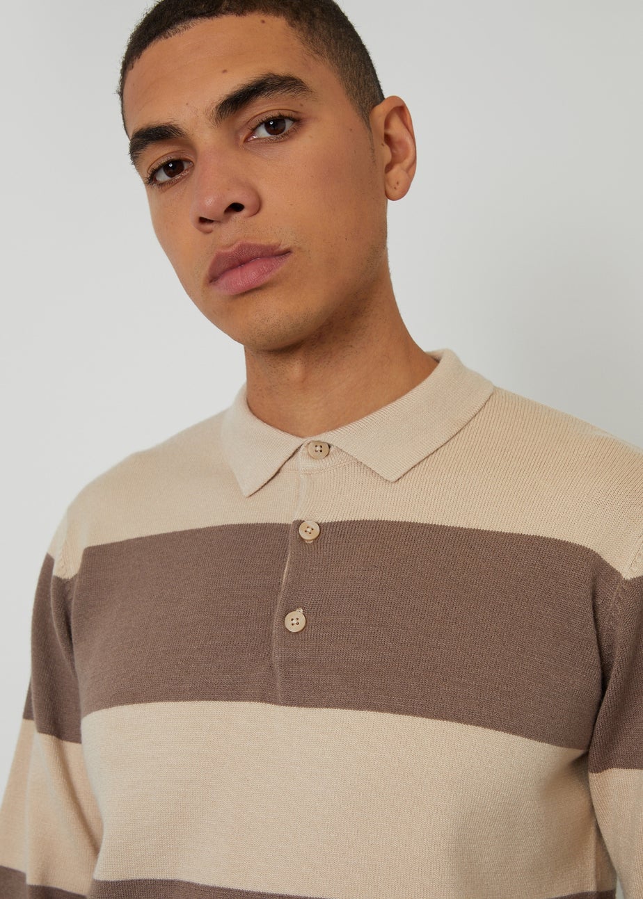 Threadbare Stone Striped Knitted Rugby Polo Jumper