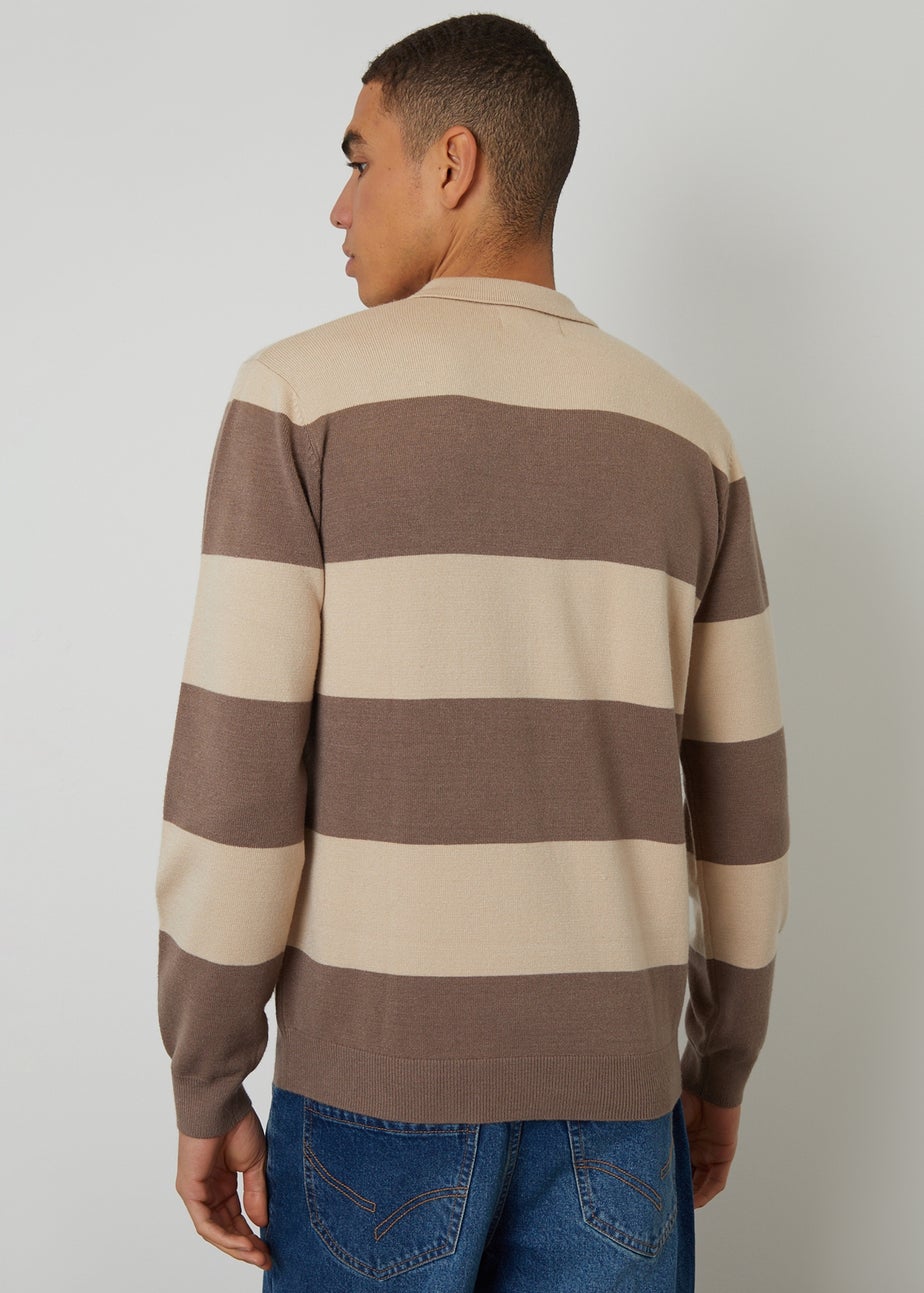 Threadbare Stone Striped Knitted Rugby Polo Jumper