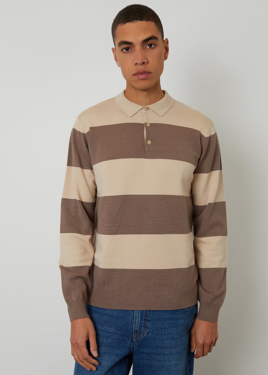 Threadbare Stone Striped Knitted Rugby Polo Jumper