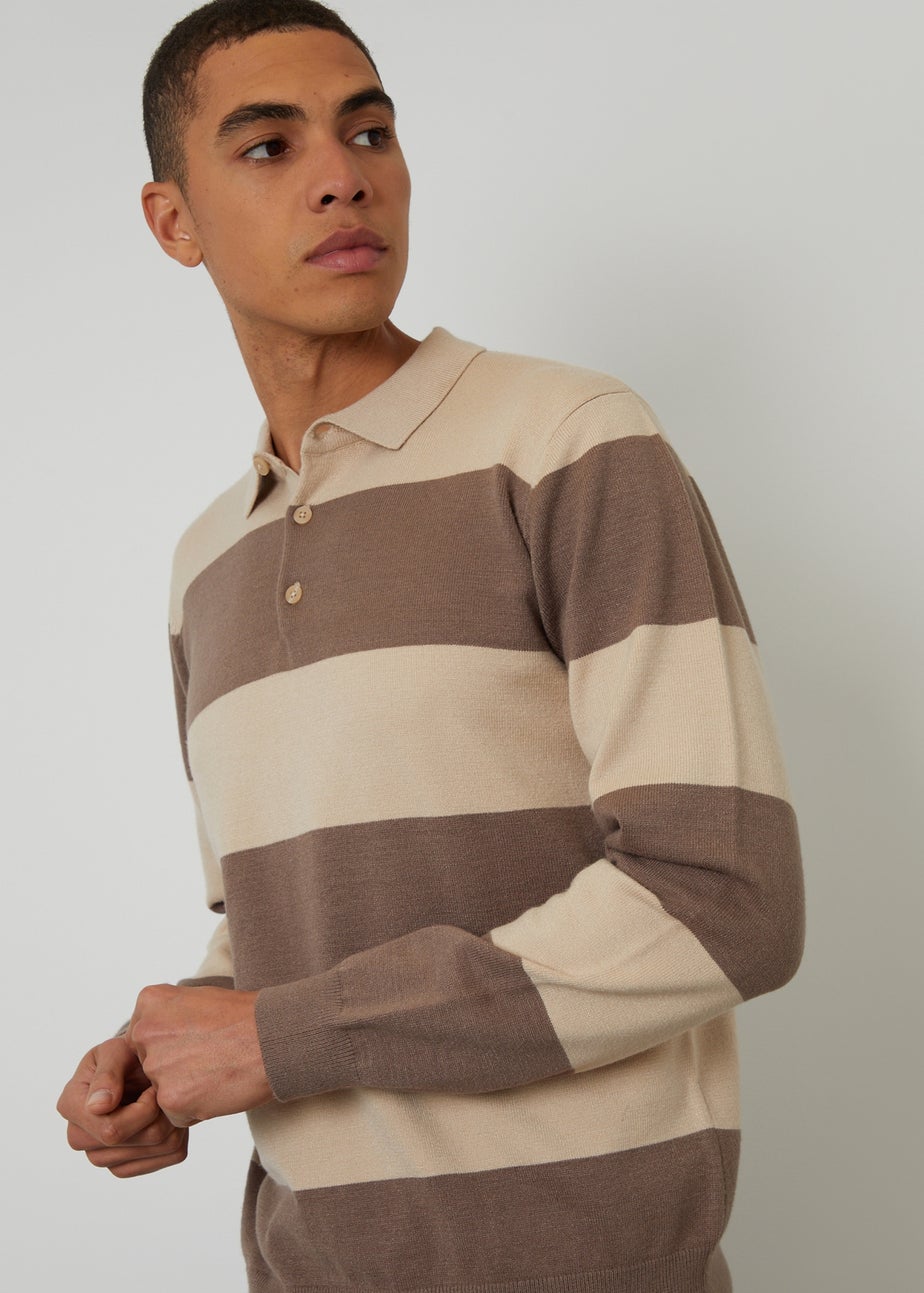 Threadbare Stone Striped Knitted Rugby Polo Jumper
