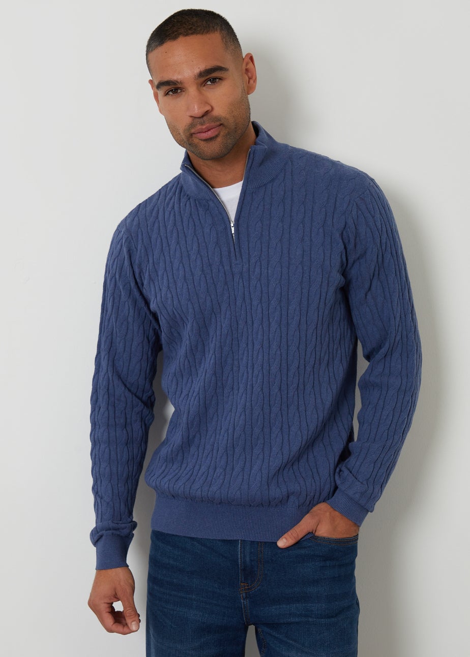 Threadbare Blue Cable Knit Quarter Zip Jumper