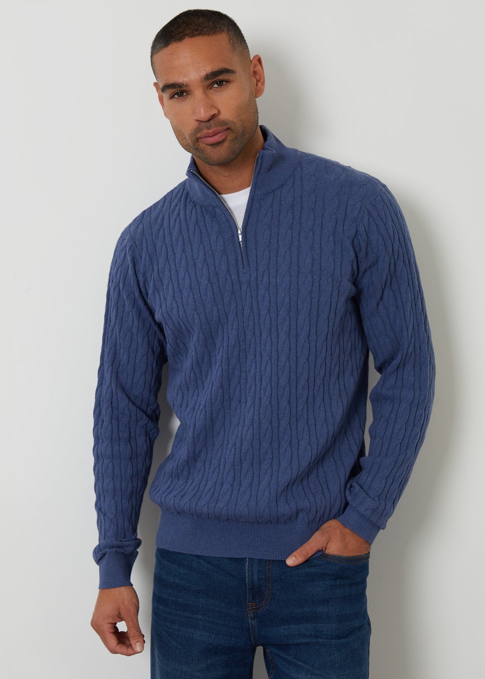 Threadbare Blue Cable Knit Quarter Zip Jumper
