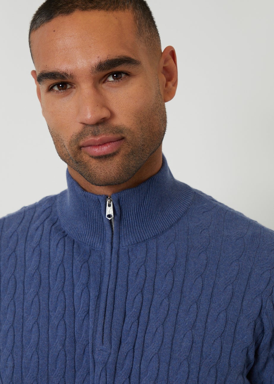 Threadbare Blue Cable Knit Quarter Zip Jumper