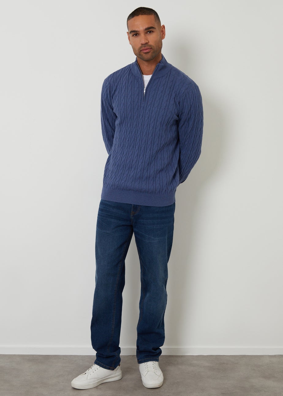 Threadbare Blue Cable Knit Quarter Zip Jumper
