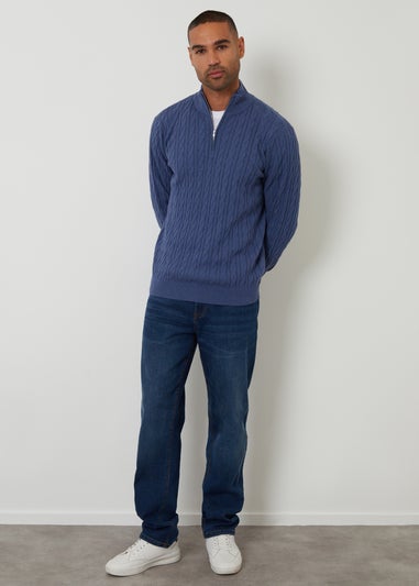 Threadbare Blue Cable Knit Quarter Zip Jumper