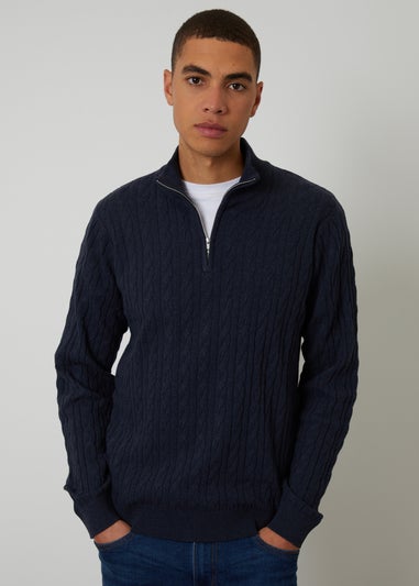 Threadbare Navy Cable Knit Quarter Zip Jumper