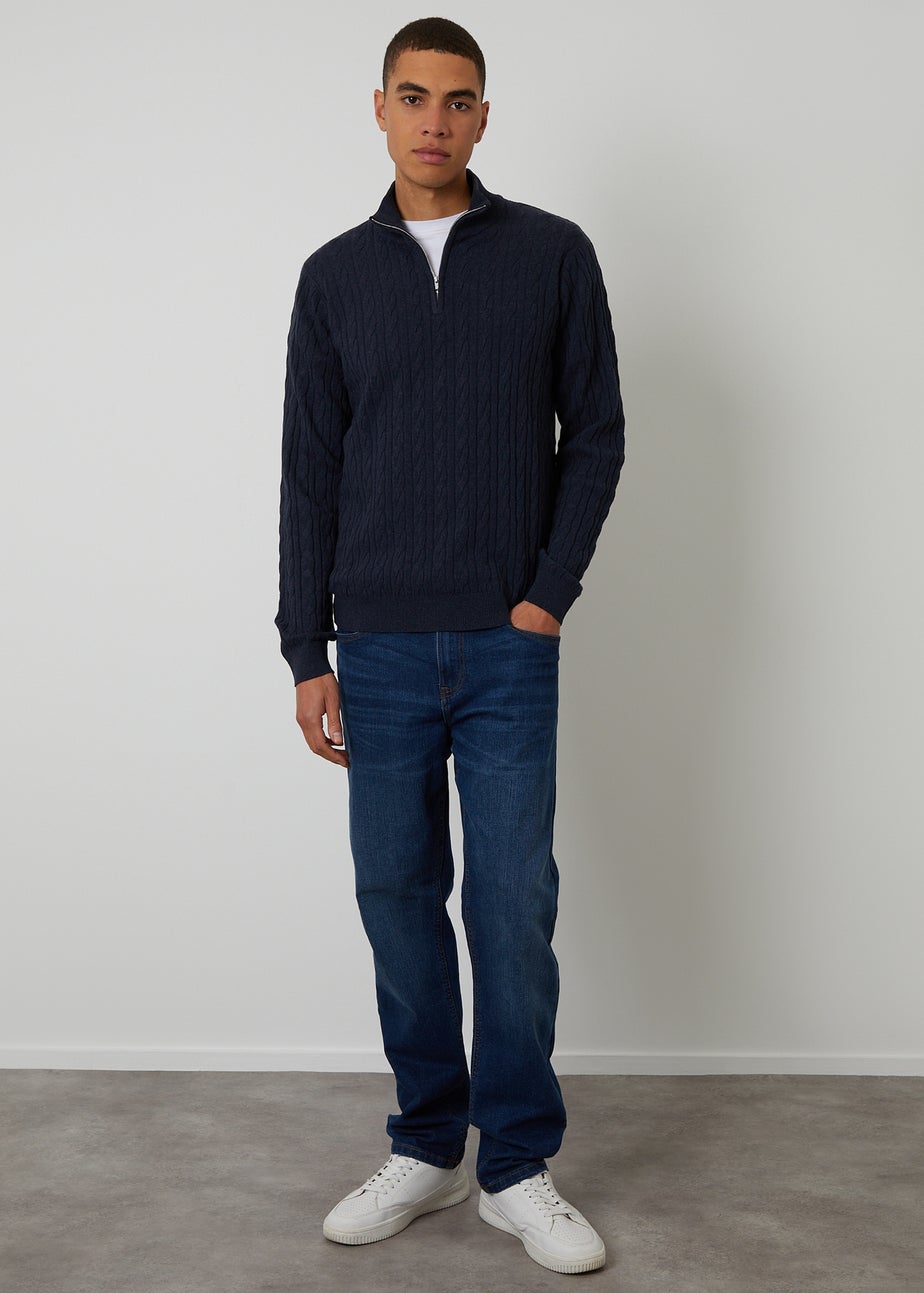 Threadbare Navy Cable Knit Quarter Zip Jumper