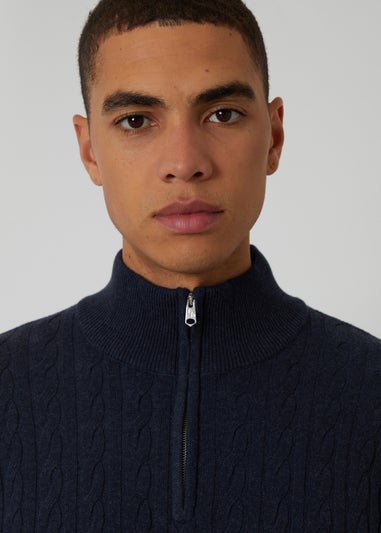 Threadbare Navy Cable Knit Quarter Zip Jumper