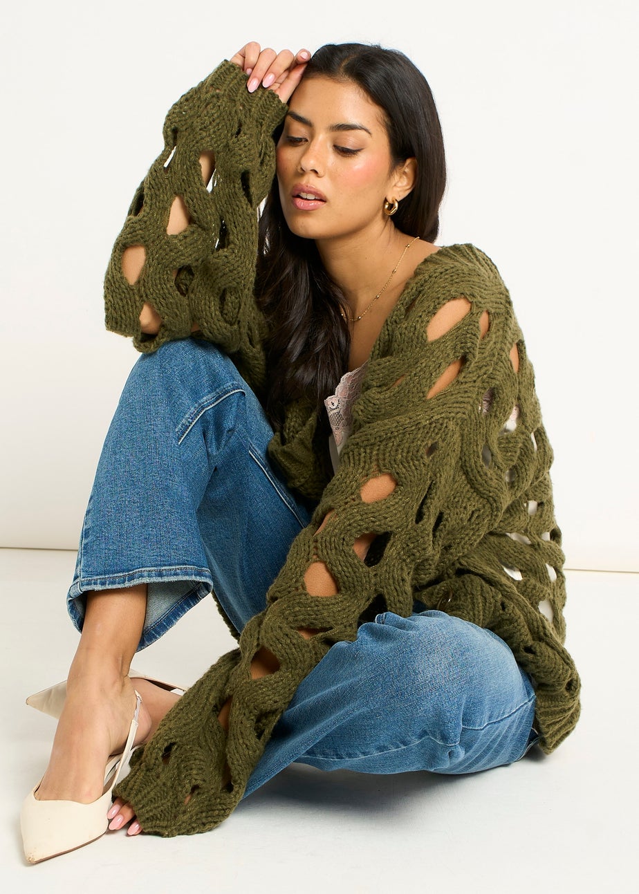 Gini London Khaki Hollow Chunky Knit Cardigan