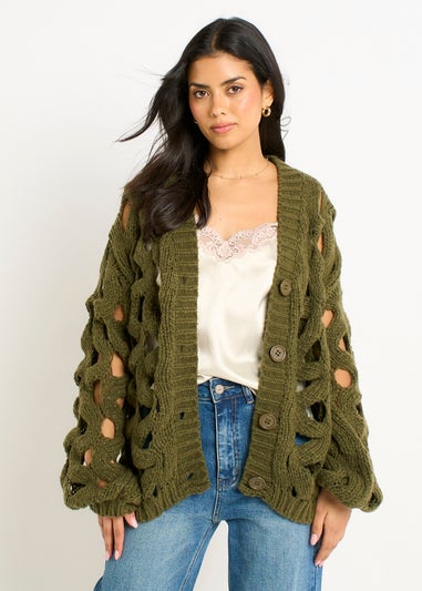 Gini London Khaki Hollow Chunky Knit Cardigan