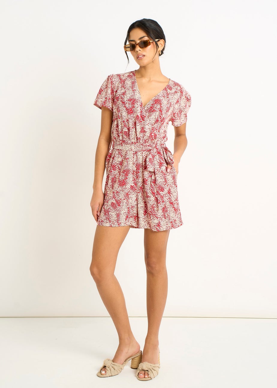 Gini London Red Abstract Animal Print Wrap Front Belted Playsuit