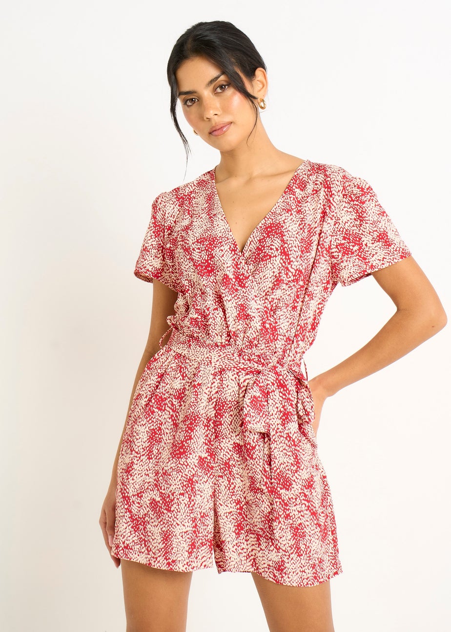 Gini London Red Abstract Animal Print Wrap Front Belted Playsuit