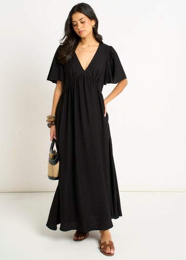 Gini London Black V Neck Angle Sleeves Skater Maxi Dress